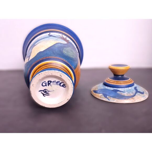 Vintage Minoan Style Pottery Made in Greece Dolphin Ocean Motif Urn Pot with Lid - Picture 4 of 6